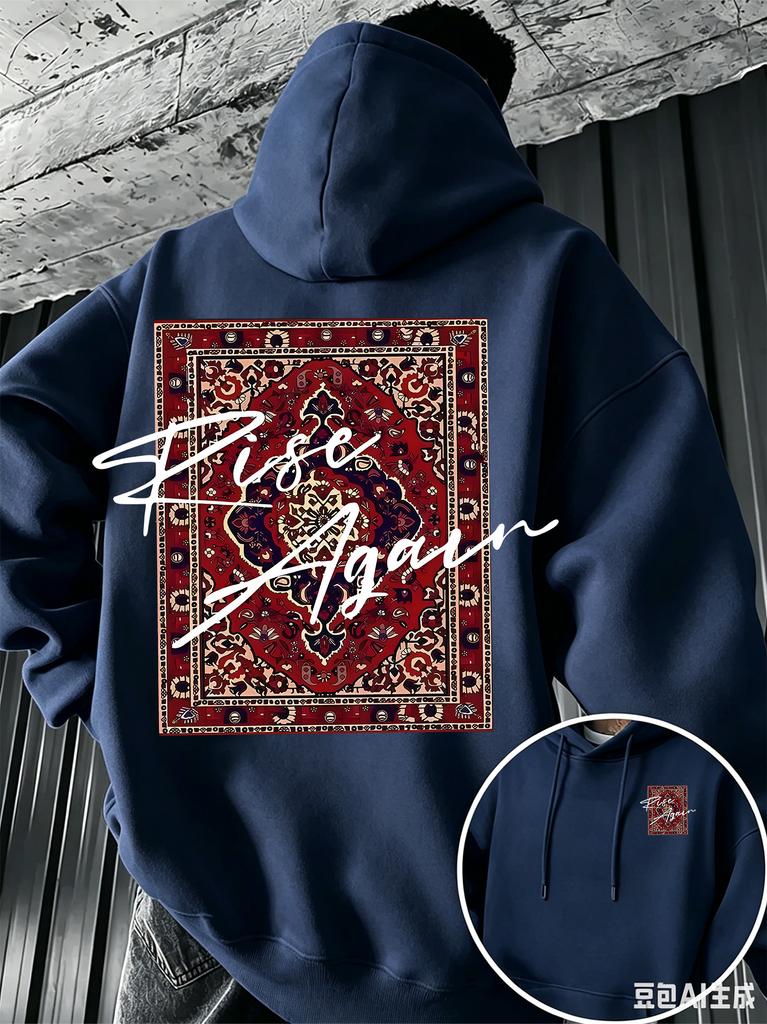 Loose-fitting men's hooded sweatshirt, warm for autumn and winter, retro ethnic print, outdoor sports shirt
