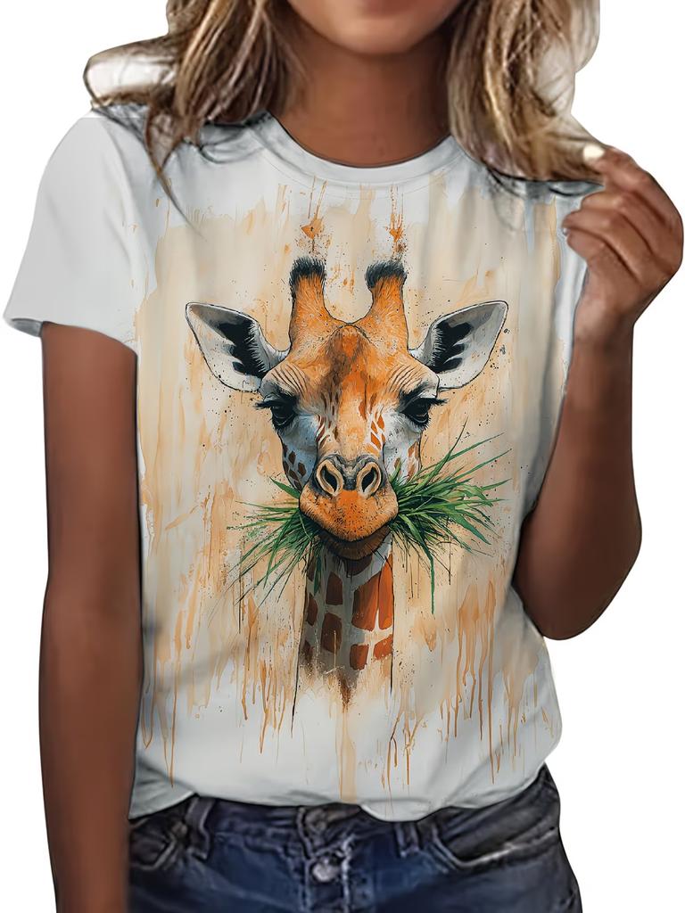 Rundhals Kurzarm Aquarell Giraffe Blumendruck T-Shirt Damen Outfits Lässig Tägliche Kleidung Sommer Damenkleidung
