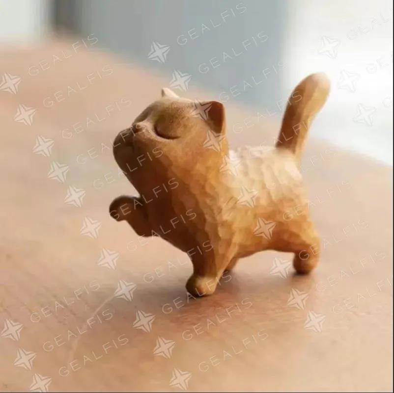 Wooden Carved Proud Kitten Figurine