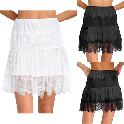 Saia com Bainha de Renda de Cílios para Mulheres Estilo Vintage Cintura Elástica Plissada Extensor Slip Babados Saia de Baixo