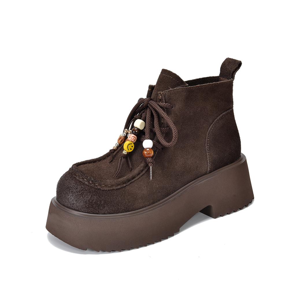 Johnature Thick Soled Handmade Beaded Round Toe Genuine Leather Short Boots Women's Lace-up Ankle Boots