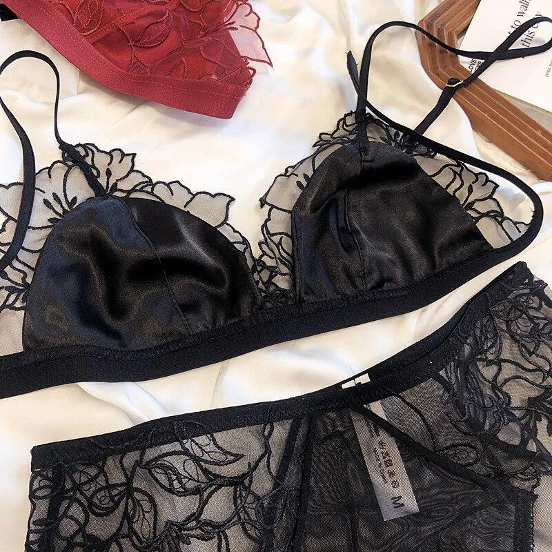 Französisches Damen-Unterwäsche-Set, sexy, ultradünnes BH-Set, Spitze, Stickerei, Bralette, Komfort, Dreieck-Cup-BHs, atmungsaktive Mesh-Dessous