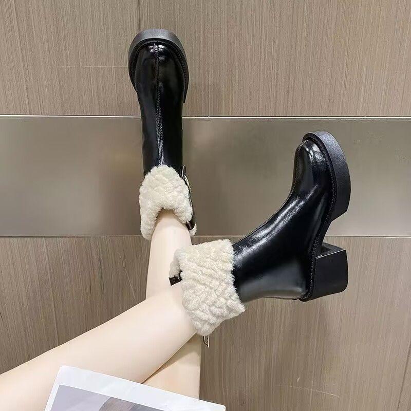 Small High-heeled Fluffy Boots for Women's New Thin Knight Boots, Heightening Tube and Velvet Snow Boots