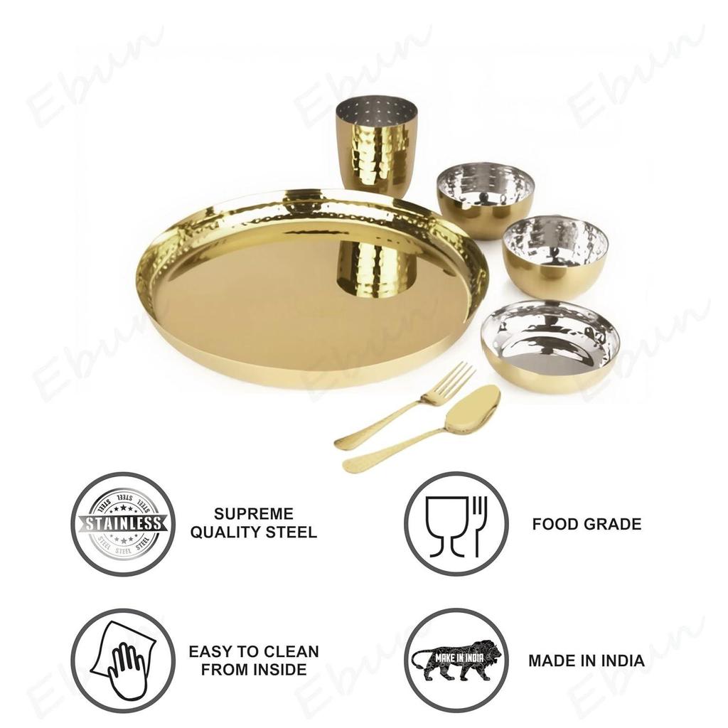 Heavy Gauge Stainless Steel Dinner Set | Gold PVD Plated Steel Thali Set | Stainless Steel Dinner Set for Kitchen | Thali Set for Dinner | Pack of 2