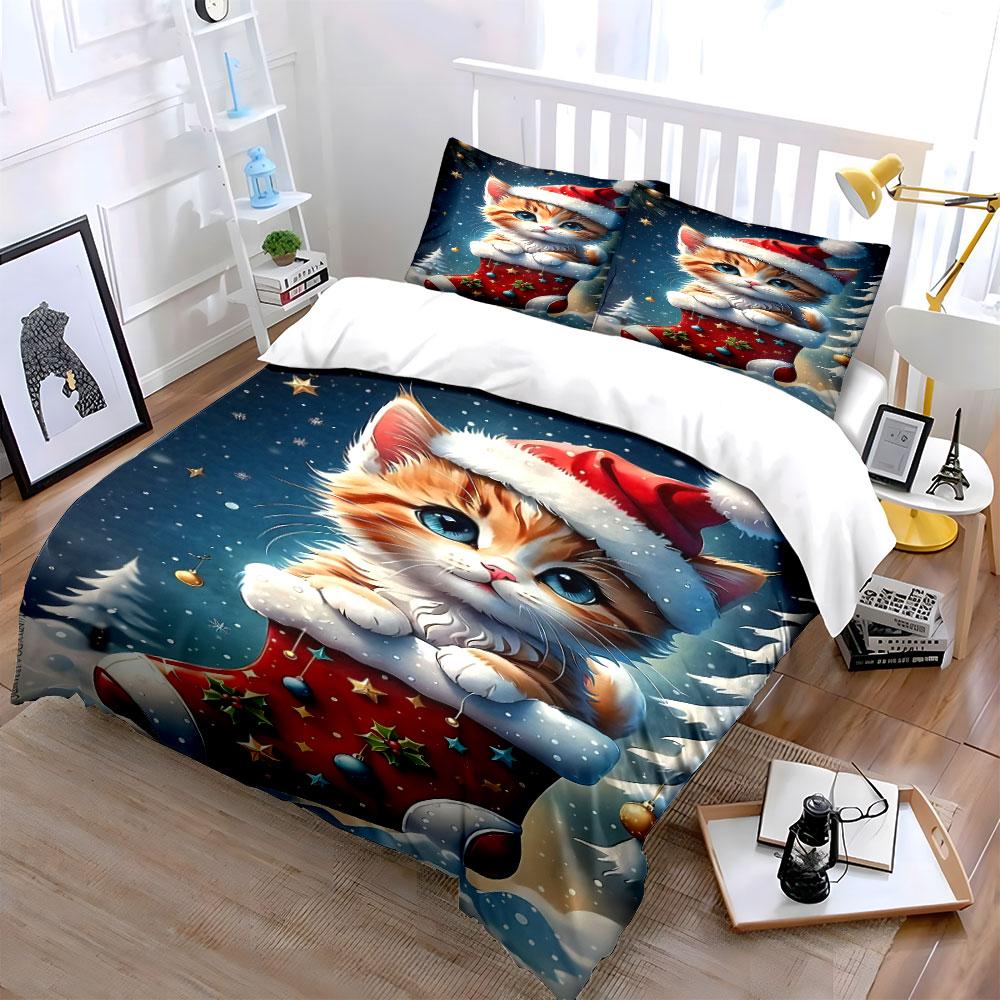 Santa hat, kitten, Christmas stocking. Bedding sets Duvet cover sets Duvet covers Pillowcases(1 * Duvet Cover 2 * Pillowcases without duvet insert)