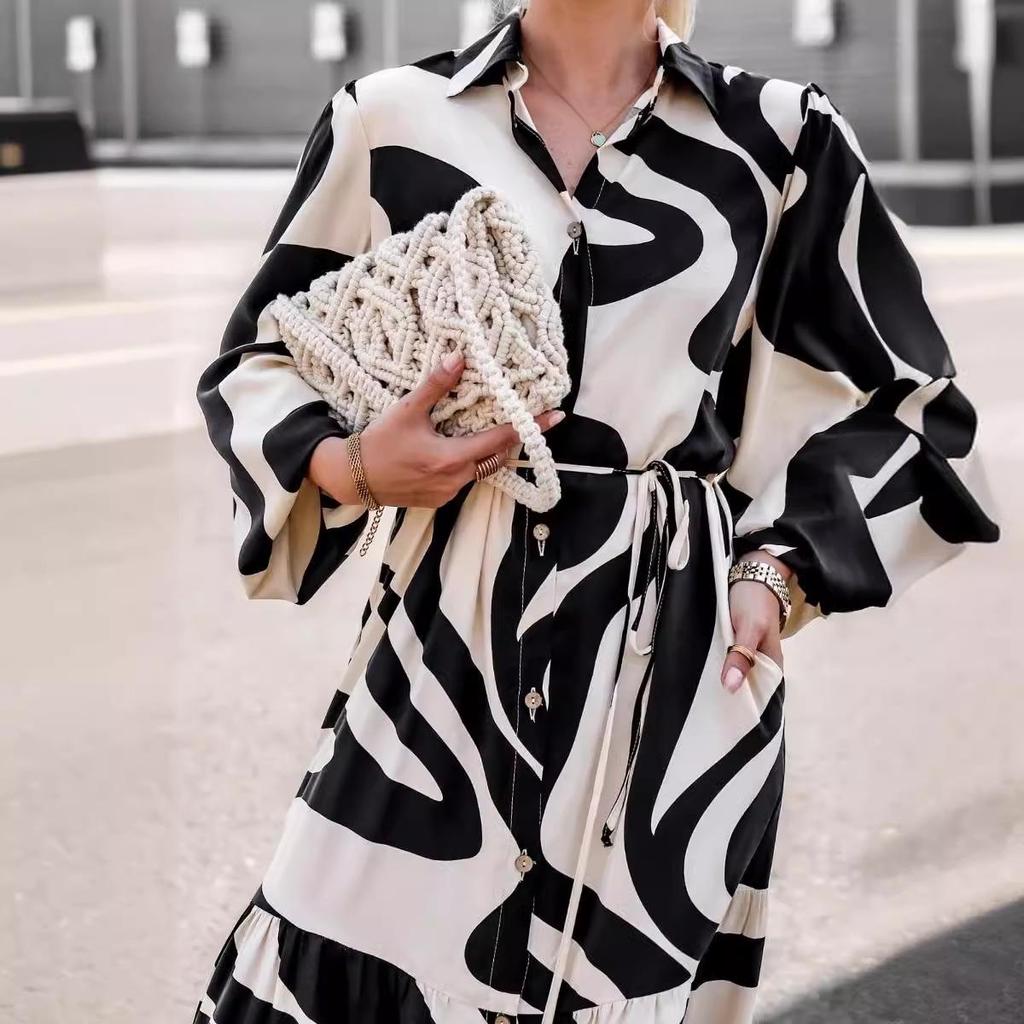 2025 European & American Spring/Autumn Fashion Print Long Shirt Dress with Tie-Up and Pockets