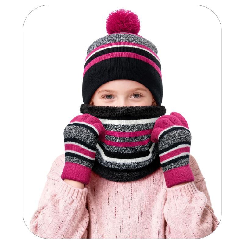 Children's Hat, Scarf, Gloves, Three Piece Set, Boys' and Girls' Winter Thick Warm Striped Knitted Hat Set