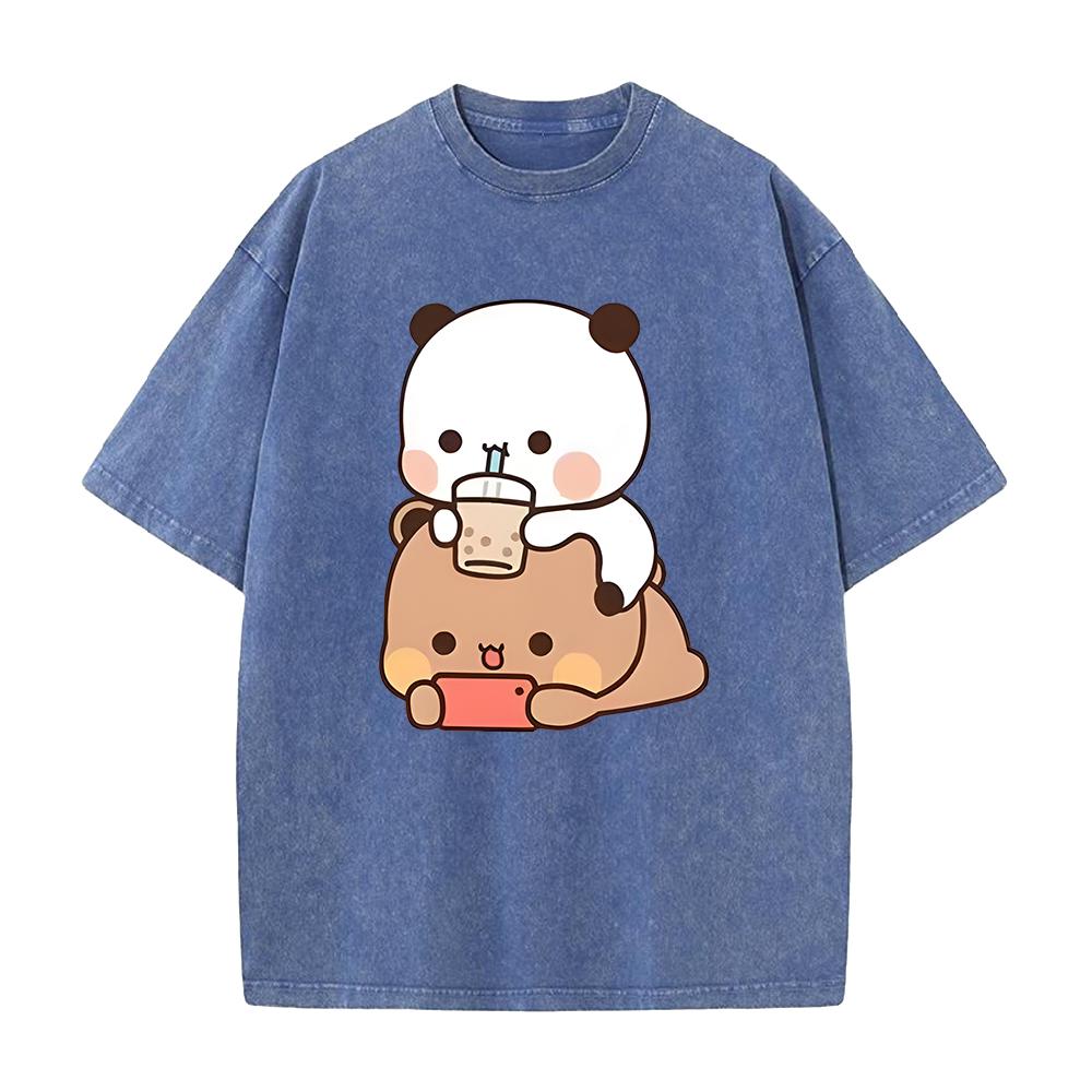 Bubu Cartoon T Shirt Women Men Unisex Couple Tshirt Summer Short Sleeve Tshirt Clothing Washed Cotton ONeck Tee Streetwear