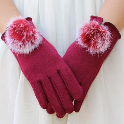 Warm Gloves for Women Plus Velvet Touch Screen Gloves Outdoor Cold Proof Rabbit Hair Ball Non Fall Velvet Autumn and Winter Touch Screen Gloves