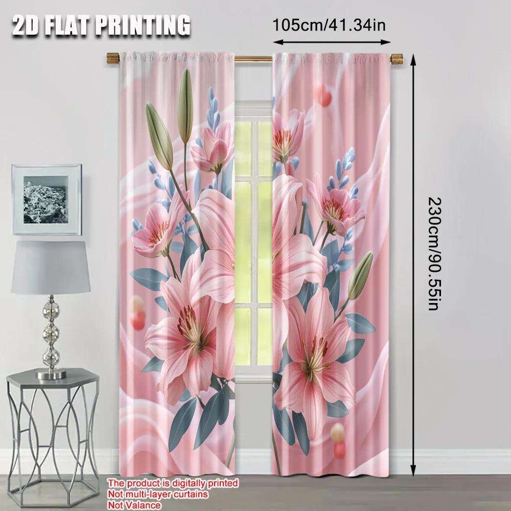 Set Of 2 Flat Printing Party Curtain Pink Lily Versatile Polyester Fabric Without Electricity Family Decoration Made