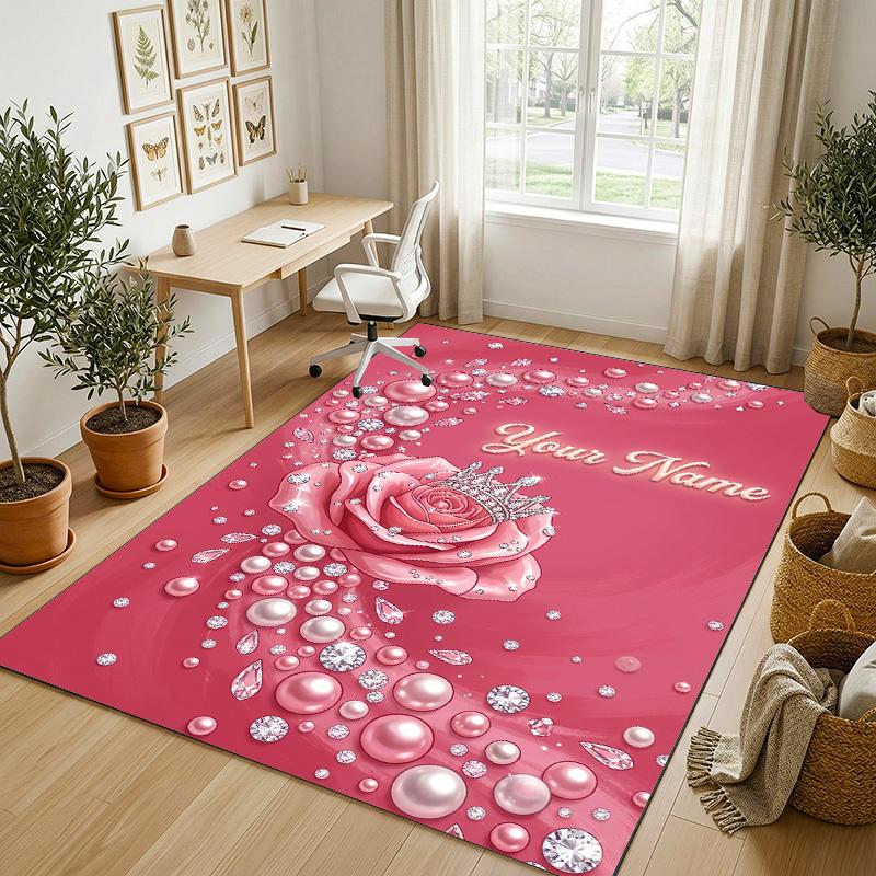 Floral Garden Theme Crystal Velvet Rug Personalized Custom Name Text Soft Floor Mat Home Decor