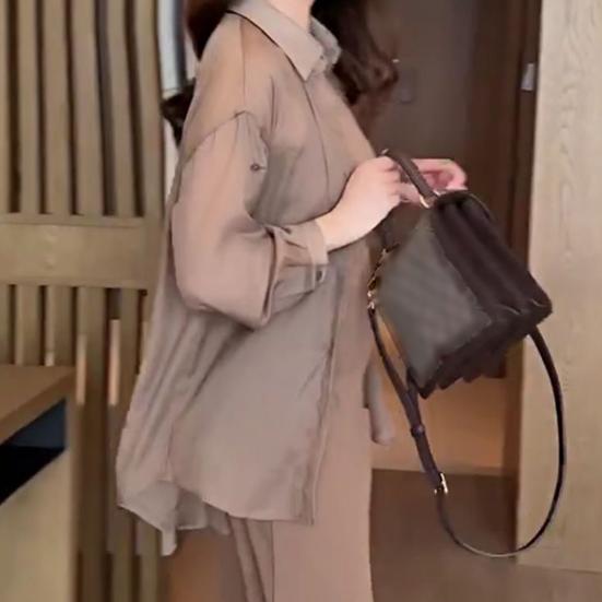 Women Sun Protection Shirt Lapel Long Sleeve Back Lace-up Chiffon Tops Solid Color Single Breasted