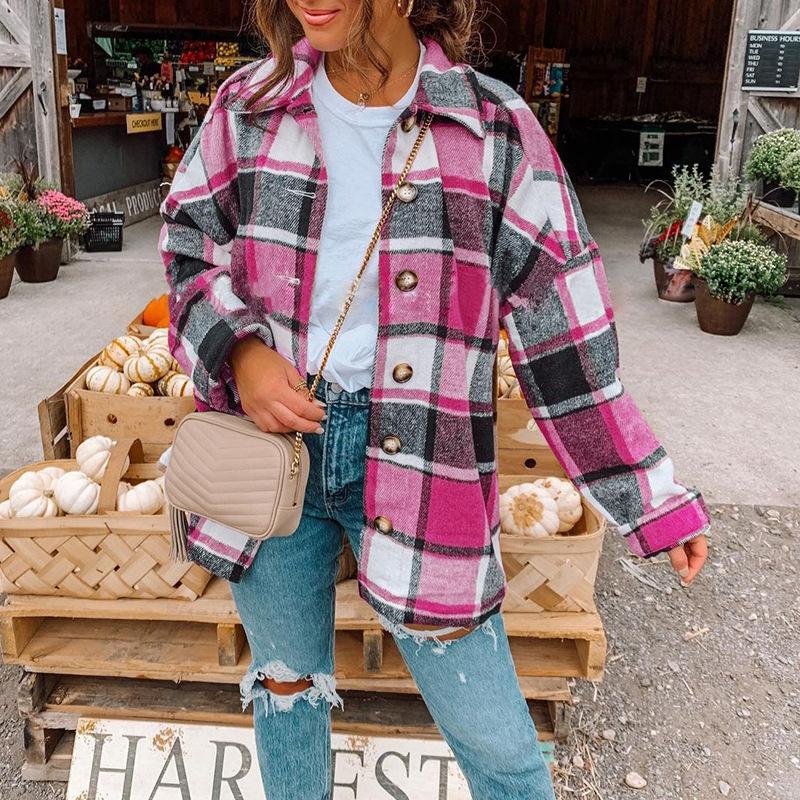 Autumn Winter Women Plaid Shirt Coat Stylish Plaid Print Shirt Coat for Women Lapel Blouse Jacket with Long Sleeves Fashion Warm Jackets