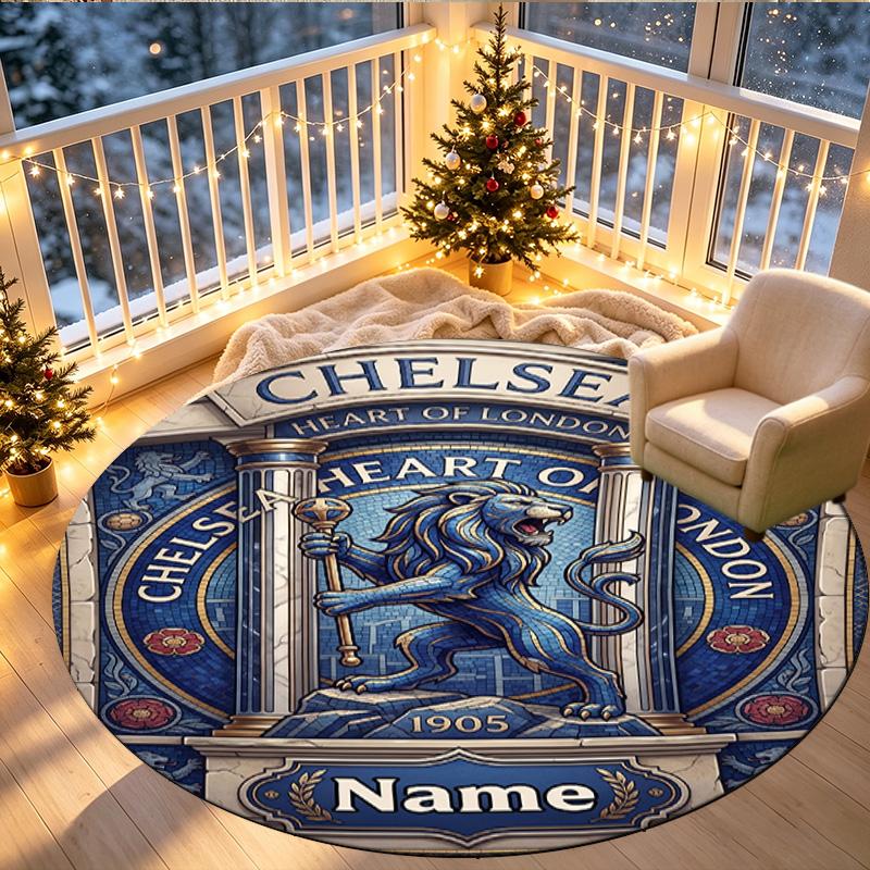 Benutzerdefinierter Name Personalisierter Chelsea Football Club Druck Runder Teppich, Vielseitiger Wohnkultur Teppich, für Spielzimmer, Wohnung, Balkon, Eingangsbereich, Flur Geschenk