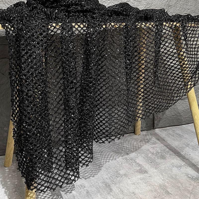1yard Sparkling Tassel Hollow Black Perspective Texture Fabric for Sewing Creative Outerwear,dress,bag,clothing Design Fabric