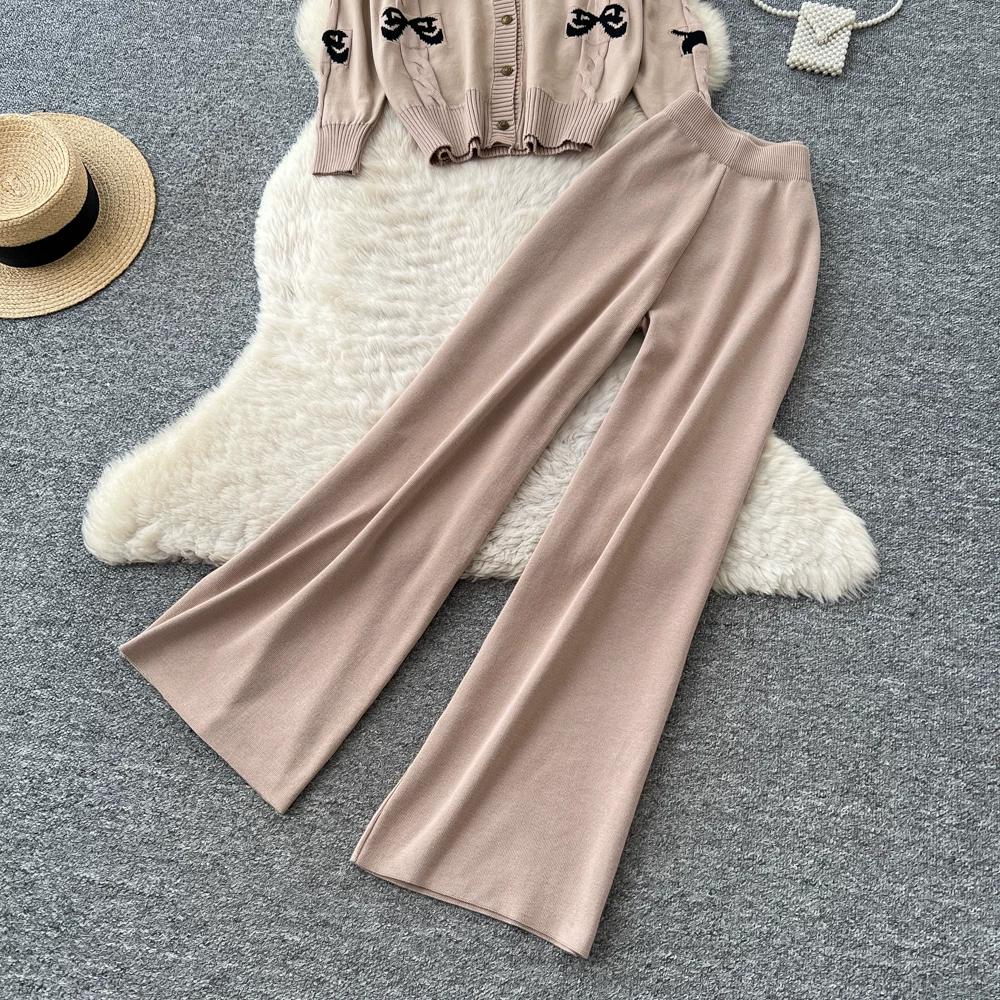 Autumn Winter Sweet Bow Jacquard Sweater and Pants Two-Piece Set Women's Knitted Cardigan High-Waisted Wide-Leg Pants Suits