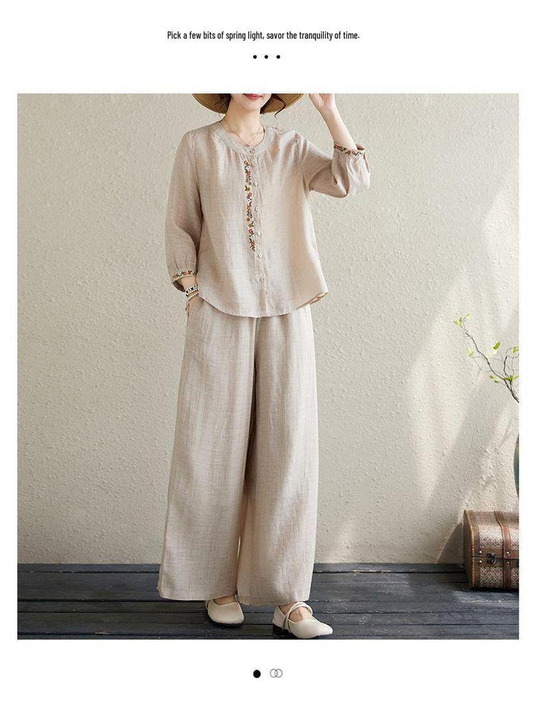 Plus Size Women's Cotton Linen Embroidered Two-Piece Set - Spring Fashion