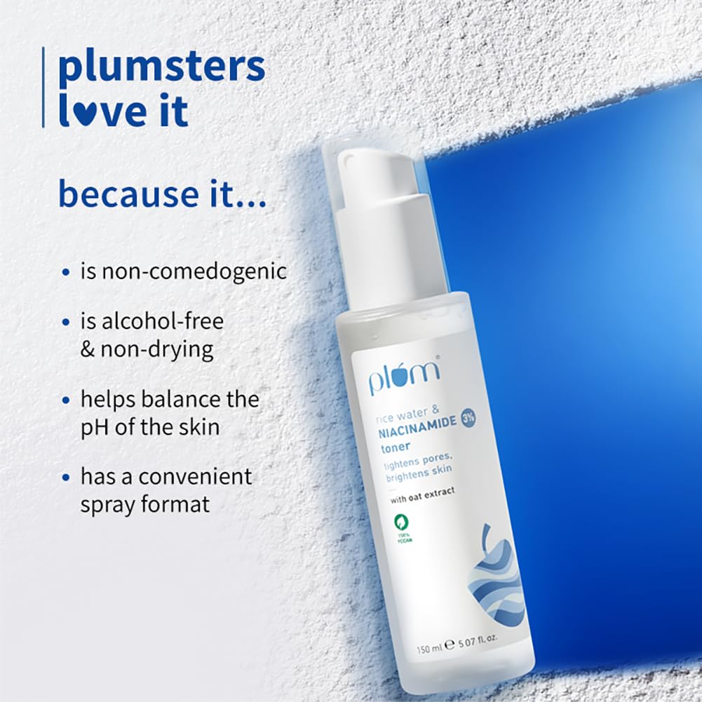 Plum Niacinamide Rice Water Face Toner Alcohol Free Pore Refining Glow Boost For Oily Dry Combination Skin 150 Ml