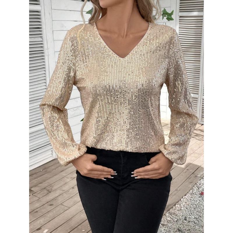 Women Elegant Loose V Neck Long Sleeve Solid Sequin T Shirt Top