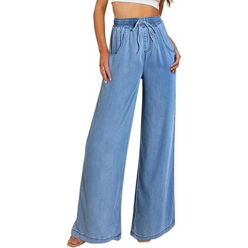 Womens Loose Wide Leg Tencel Blend Casual Pants High Waist Comfortable Lightweight Denim Style