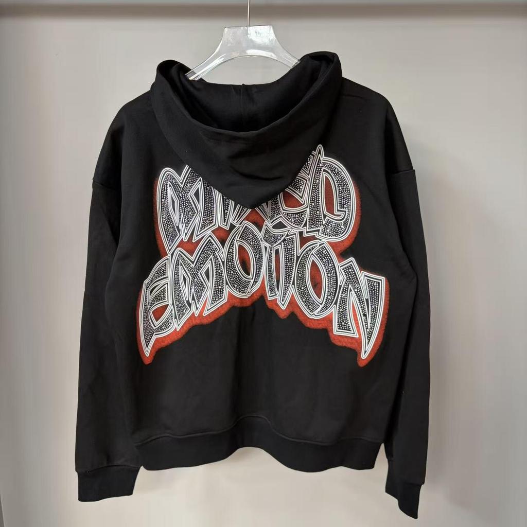 American Trendy Mixed Emotion Rhinestone Letter Hoodie for Men and Women - Retro European Style for Autumn/Winter
