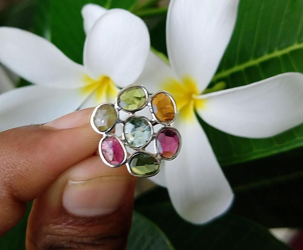 Natural Multi Tourmaline 925 Sterling Silver Gemstone Flower Ring Sz 5 Christmas