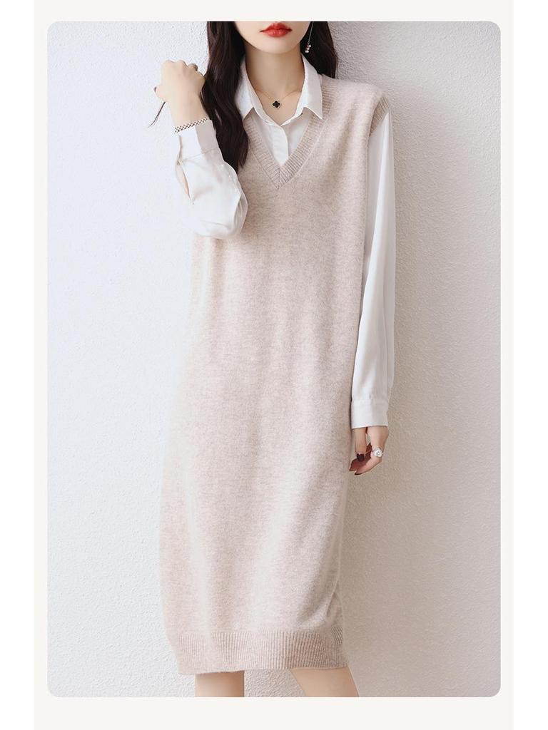 Women's 100% Wool V-Neck Sleeveless Knitted Vest Dress - Long Cardigan Style