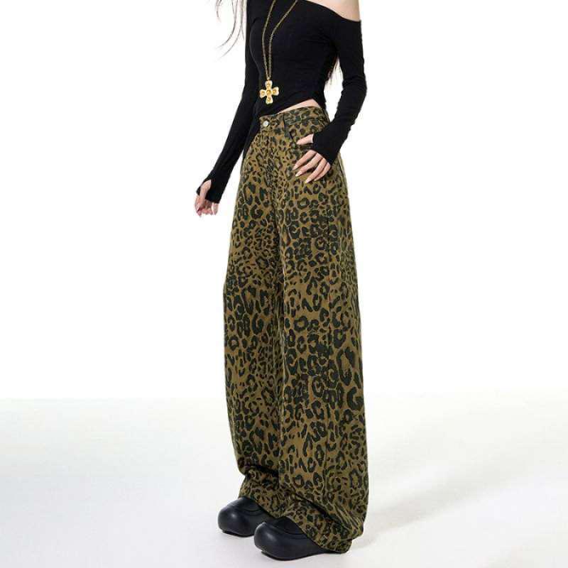 

Women s High Waist Wide Leg Jeans - Spring/Autumn Fashion Loose Straight Leg Pants 2XL леопард друку кольору