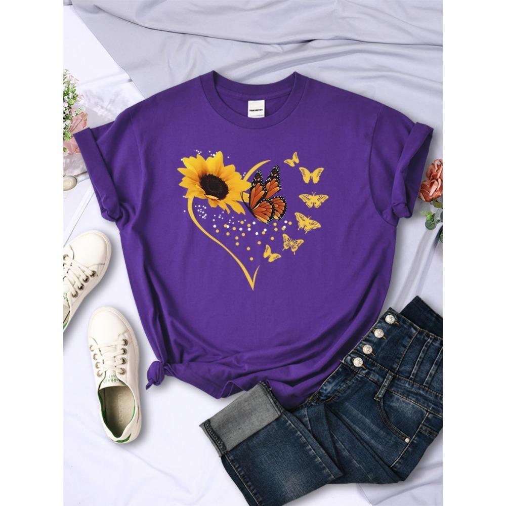 Simple Woman T-Shirts Sunflower Butterflies Heart Prints Short Sleeve Comfortable Soft O-Neck Tops Summer Casual Female Clothes