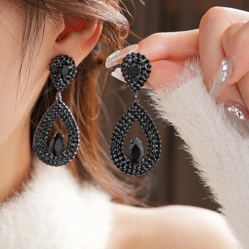 Zircon Oval Water Drop Earrings Fashion European and American Exaggerated Earring for Women Temperament Light Luxury Zircon