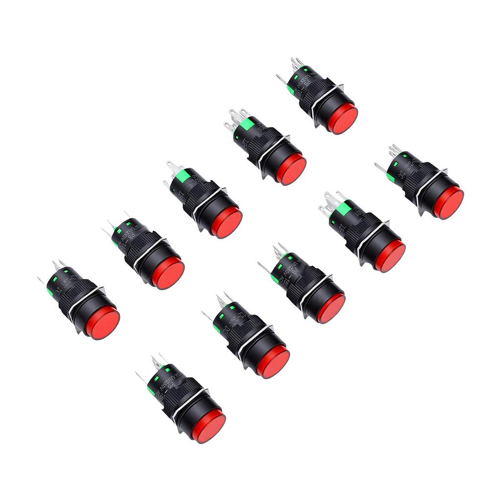 10PCS Round Illuminated Push Button Switch 16mm 5Pin Green Reset Button Control Switch with LED Indicator