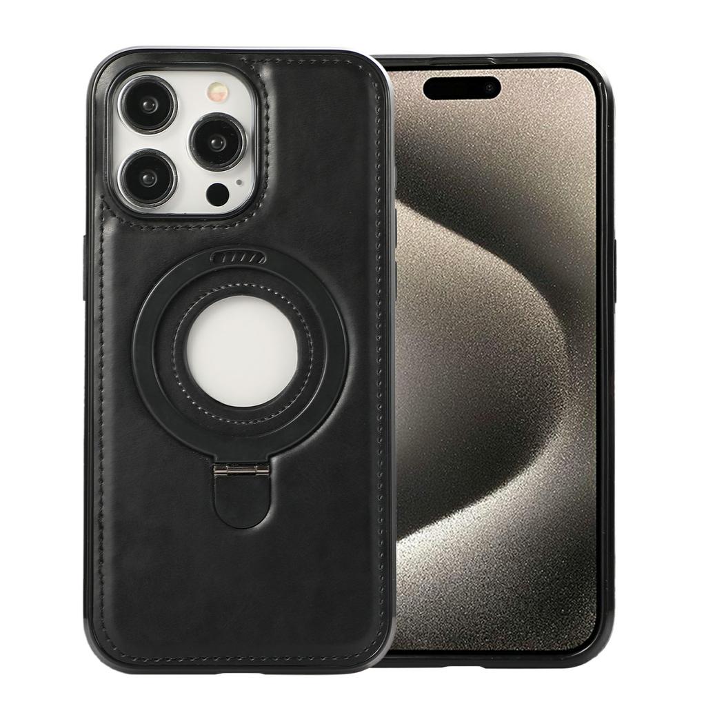 For iPhone 15 Pro Max Case Magnetic Kickstand PU Leather Coated PC+TPU Phone Cover