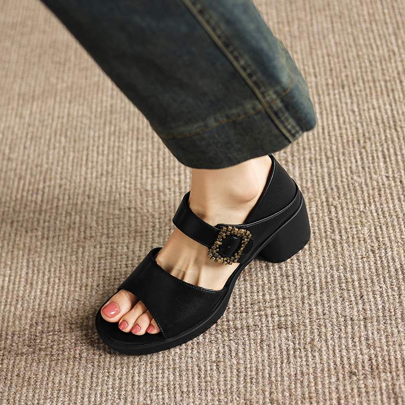 Krazing Pot Microfiber Fashion Thick Med Heels Peep Toe Shoes Metal Buckle Summer Size 43 Size 42 Platform Women Sandals
