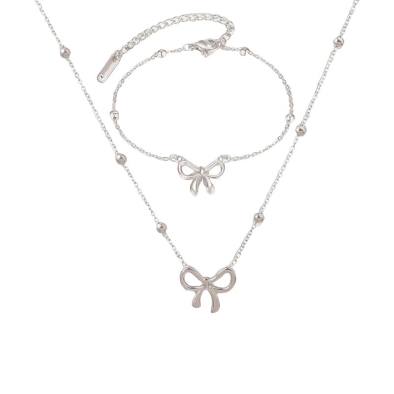Fashionable Steel Jewelry Set Featuring Butterfly Bowknot Pendant Elegant Necklace And Bracelet For Everyday Wear