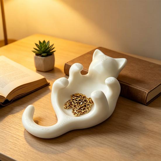 3D Printed Sculpted Black Cat Tray Cute Kitten Jewelry Trinket Dish with Hollow Belly Desktop Decorative Ring Holder for Earrings Bracelets Necklaces