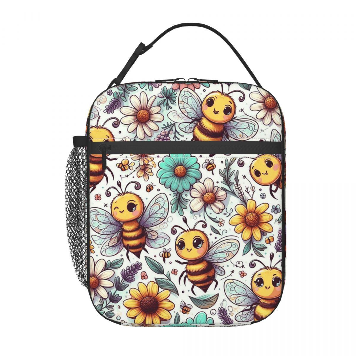 

The Pattern Of Bees Picking Flowers Insulated Lunch Bag for Women Children Portable Food Boxes Thermal Lunch Box Tote One Size