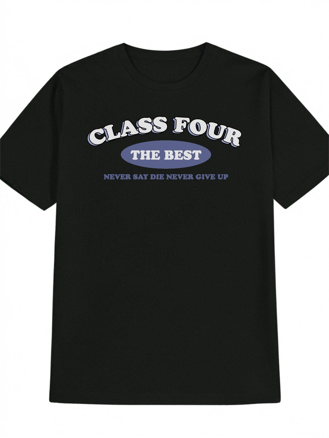 Casual Short Sleeve T-shirt with CLASS FOUR THE BEST Motivational Print - Black with White & Blue Lettering XL