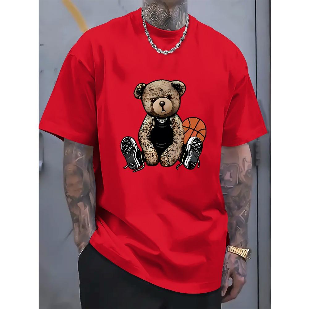 Men's Summer Fashionable and Fun Basketball Bear Print Comfortable and Breathable Round Neck T-shirt Outdoor Casual Top