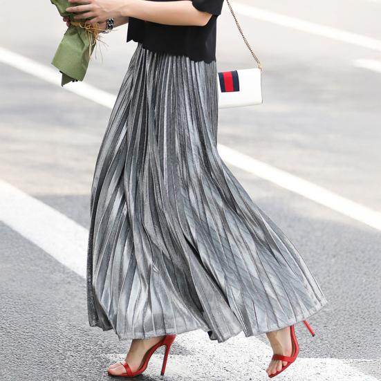 Women Maxi Skirt Golden Long Skirt Elastic High Waist Pleated Slimming Design Spring Summer