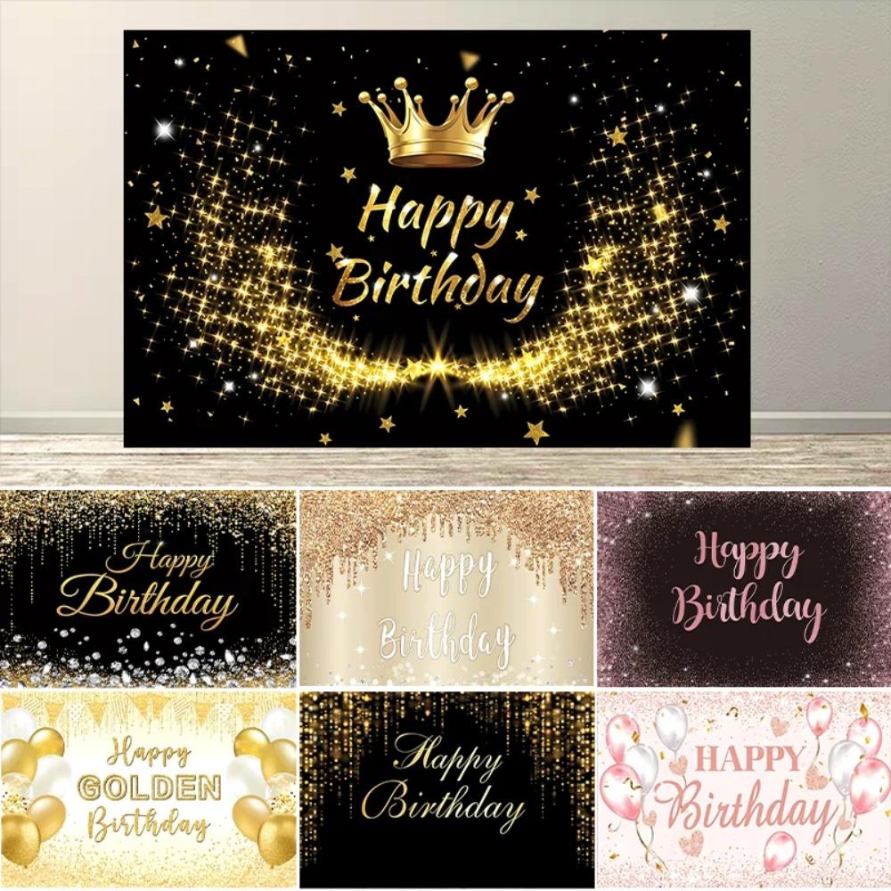 Happy Adult Birthday Black Gold Sparkling Balloon Banner Background, Children's Birthday Party Decoration Photography Background