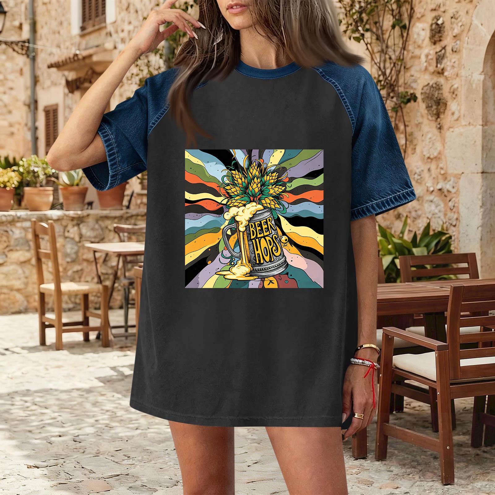 Casual Women Denim Patchwork Short Sleeve T Shirt Oktoberfest Print Comfortable Loose Fit Top S