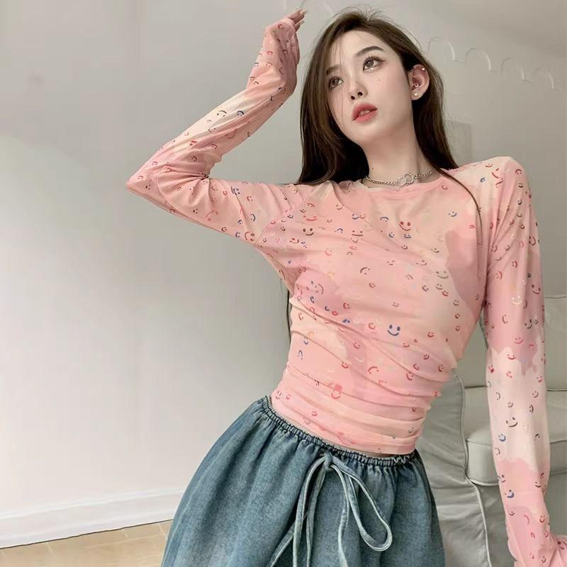 Pure Desire Style Mesh Design Printed Sunscreen Long-Sleeve T-Shirt Women's Summer Slim-Fit Base Layer Figure-Flattering Spicy Girl Top