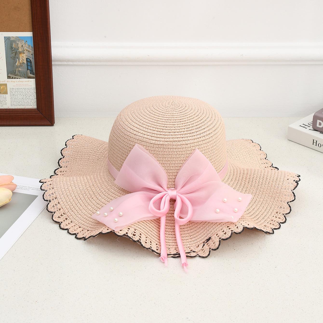 

Солнцезащитная шляпа Летняя шляпа с бантом и жемчугом Соломенная шляпа Простая защита от солнца Кружевная шляпа от солнца розовый