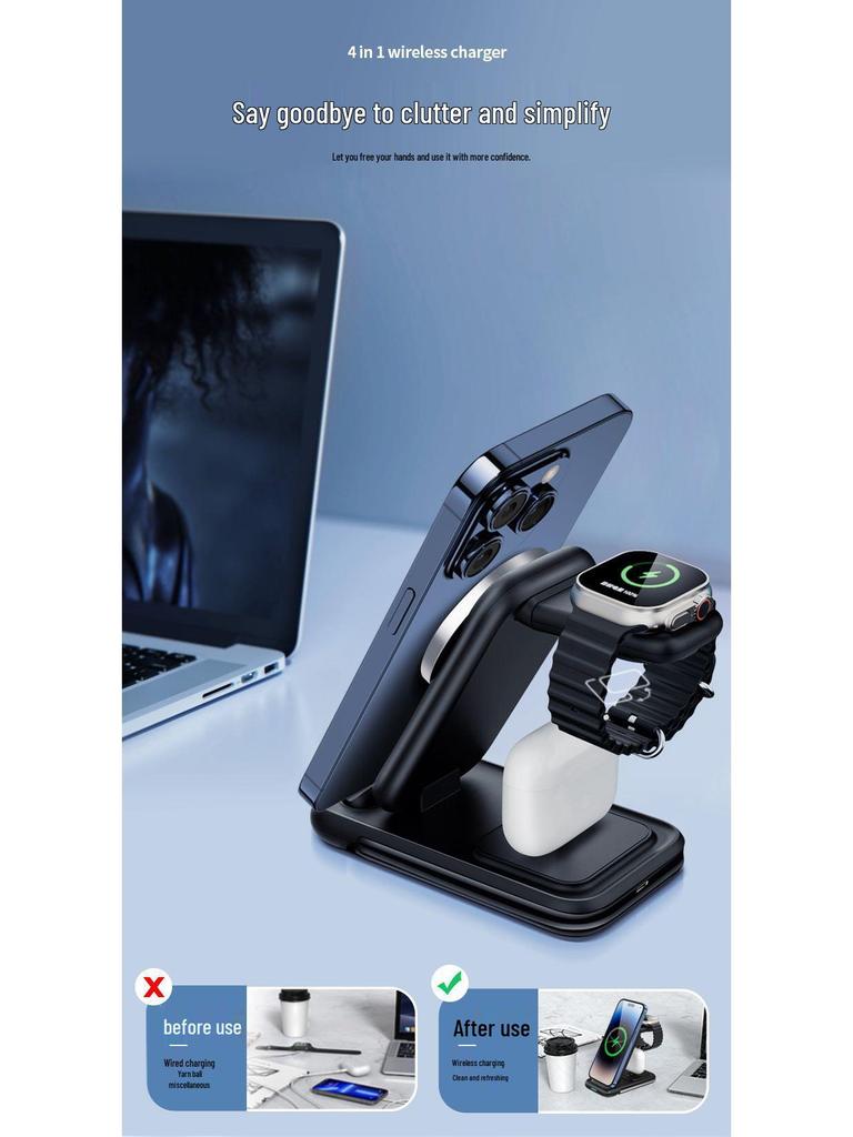 3-in-1 Foldable Wireless Charging Stand with Magnetic Cable for Fast Charging