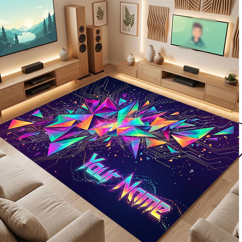 City Cyberpunk Theme Crystal Velvet Floor Rug Personalized Custom Name Text Warm Carpet Home Decoration