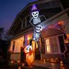 8FT Inflatable Halloween Decorations, Featuring a Dog Biting a Climbing Skeleton, Suitable for Patios, Rooftops, and Parties
