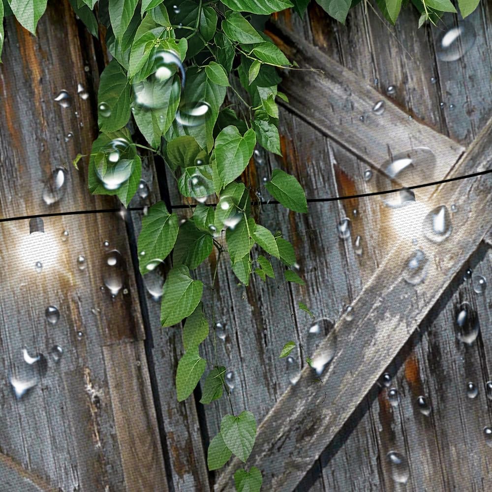 Rustic Wooden Barn Door With Vines And Lights Pattern Waterproof Shower Curtain 180X200Cm Farmhouse Style Bath Home Decor
