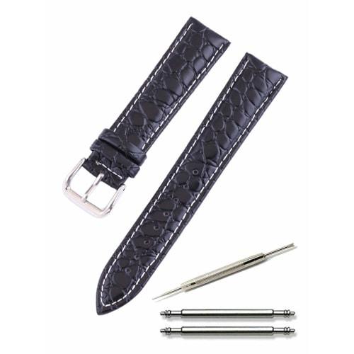 Calm Crocodile-Embossed Genuine Leather Watch Strap Replacement Band, 12mm To 24mm, Includes Replacement Instructions (14mm, Black with White Stitchin