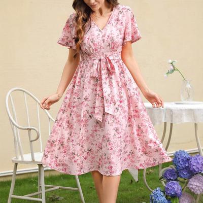 Sommer Damen Schnürkleid Vintage Blumen Rüschenärmel Kleider