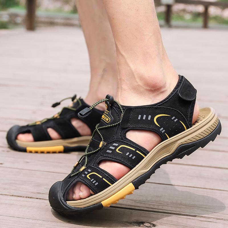 2025 Foreign Trade Large Size Men's Shoes Casual Fashion Breathable Velcro Sandals Cowhide Beach Shoes Bag Head Hole Shoes Men